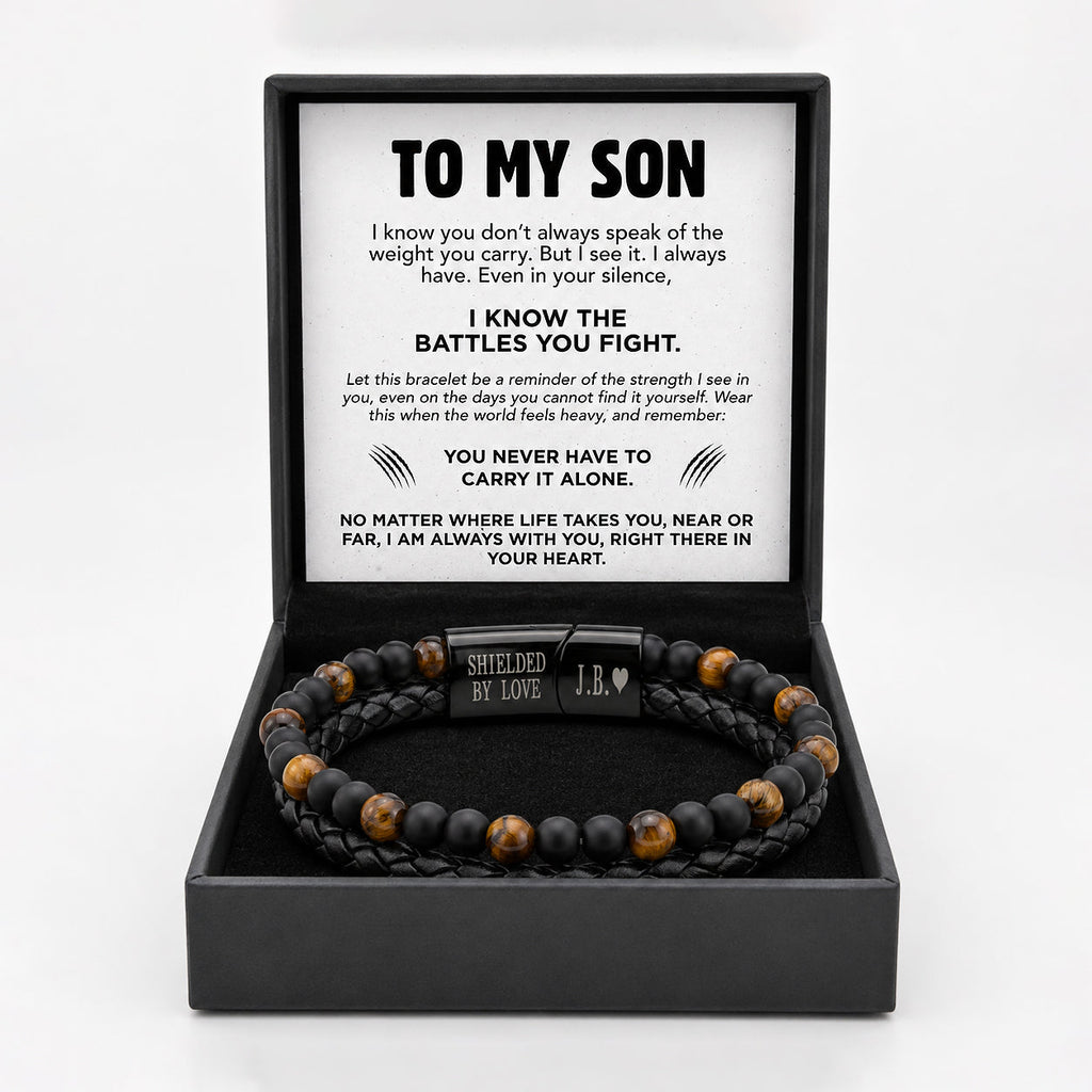 To My Son tiger eye shield bracelet in its gift box with the printed message card