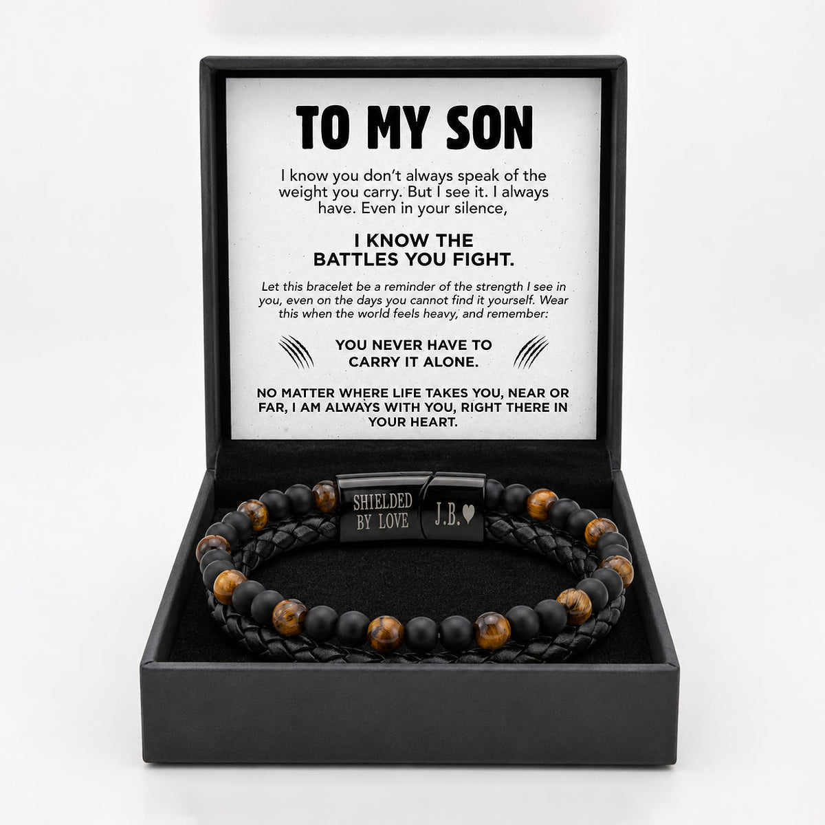 To My Son tiger eye shield bracelet in its gift box with the printed message card