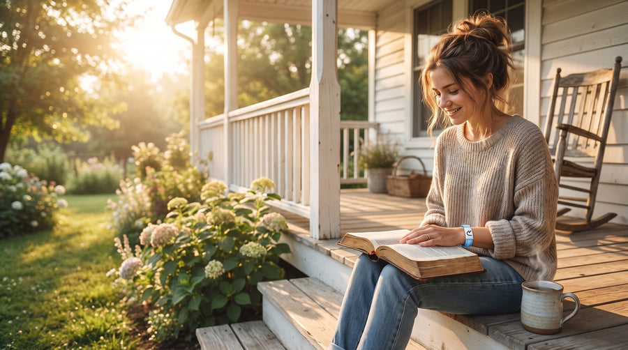 Morning on the porch, a Faith Over Fear band beside an open Bible