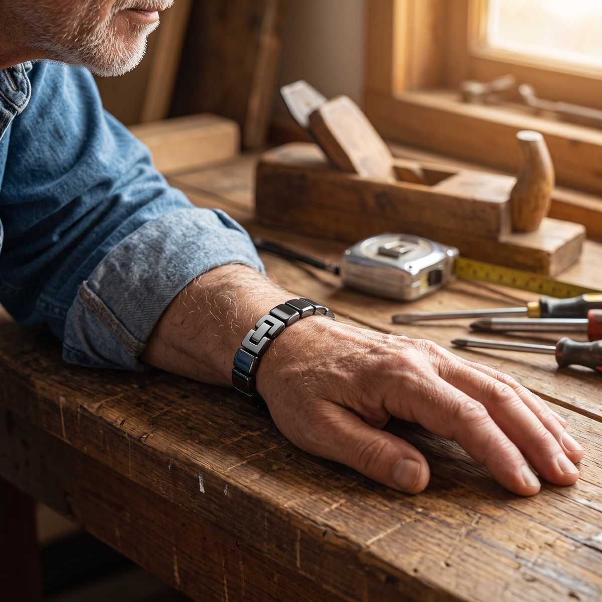 Bracelet on working man's hand at workbench