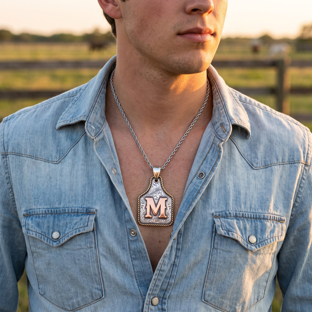 Cow Tag Initial Necklace & Keychain – worn on a rope chain over a faded denim shirt at golden hour
