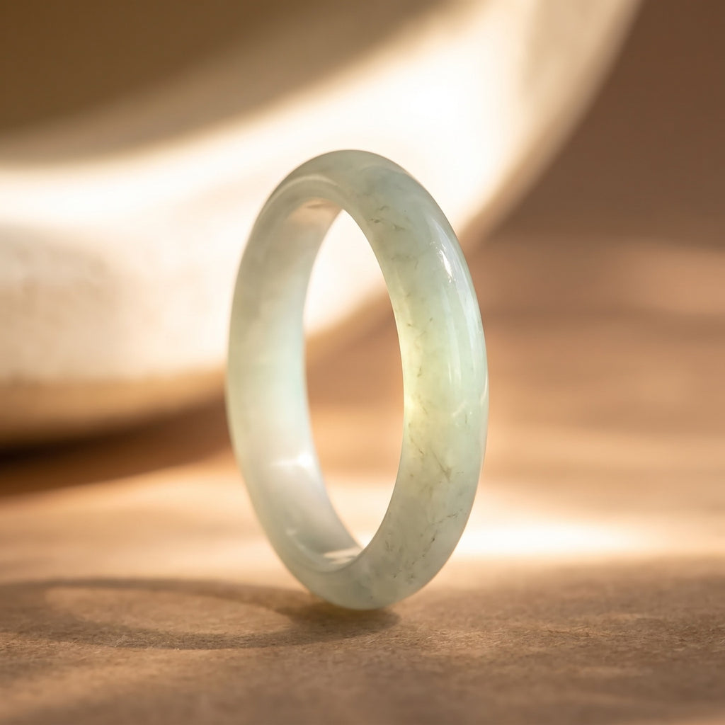 Jade Stacking Ring – backlit macro showing the natural jade's translucency and fine veining