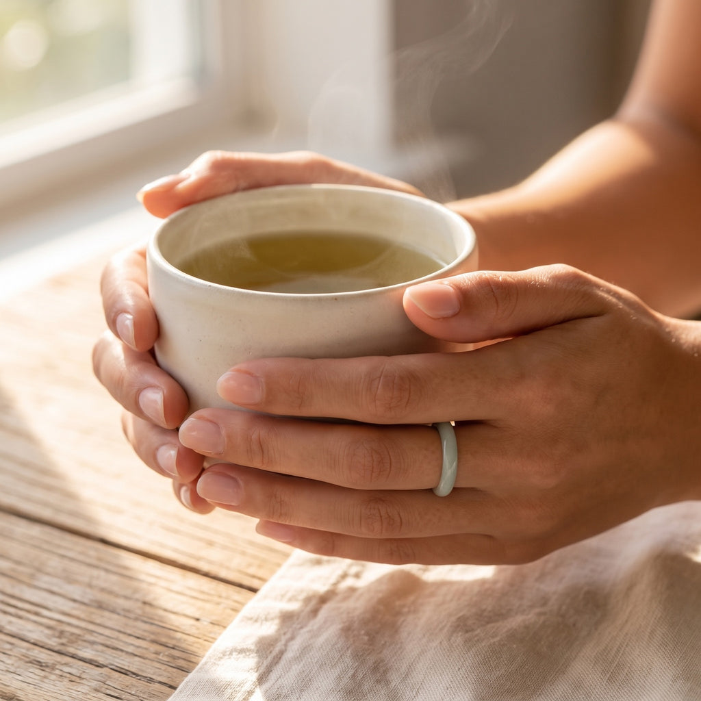 Jade Stacking Ring – hands cupping a ceramic tea cup in morning light, jade ring on one finger