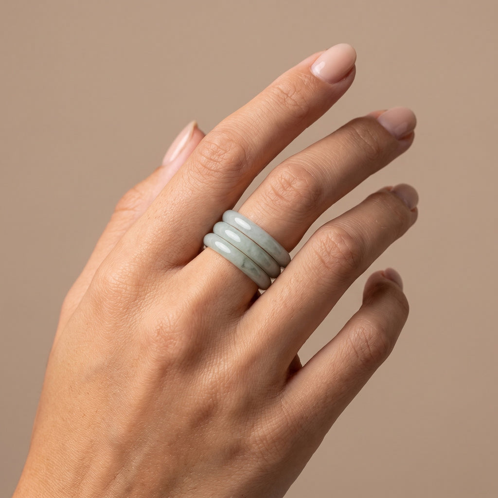 Jade Stacking Ring – three slim jade rings stacked on one finger