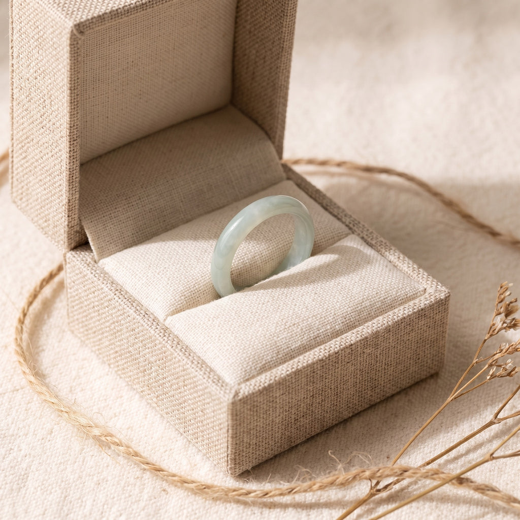 Jade Stacking Ring – slim jade band in a natural linen ring box
