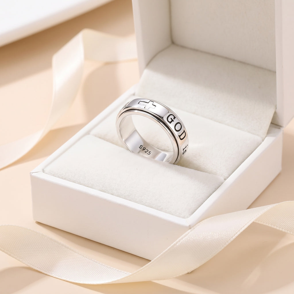 Psalm 46:5 Spinner Ring – in an open white gift box with a satin ribbon